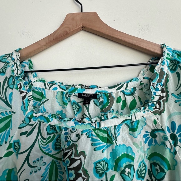 Talbots GRACEFUL FLORAL RUFFLE SQUARE NECK TOP Coastal Blue Green gauze cotton - Picture 9 of 13